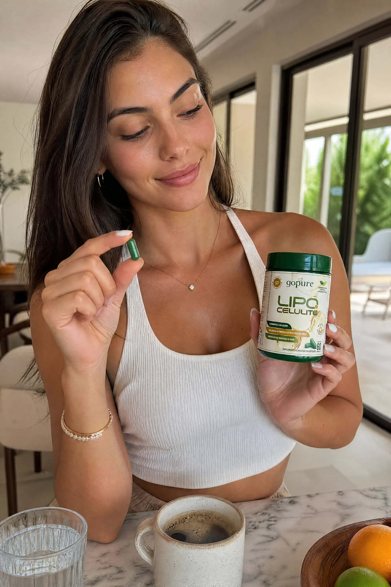 Modelo segurando o Lipo.Celulite GoPure